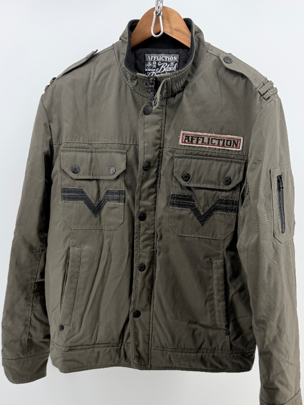 Affliction Black Premium Olive Military Moto Jacket XL Quilted Lining